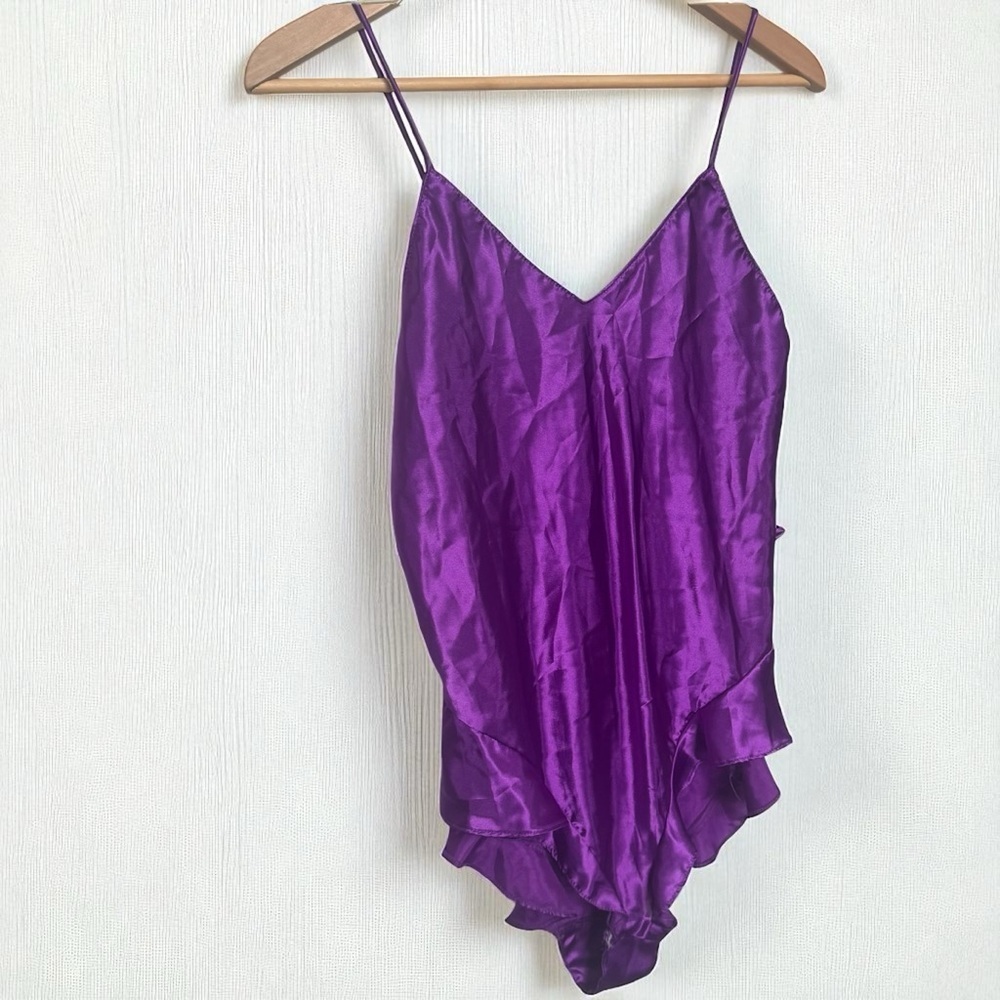 Vintage 90s Purple Satin Bodysuit Witchy Slipwear Lingerie Whimsygoth M